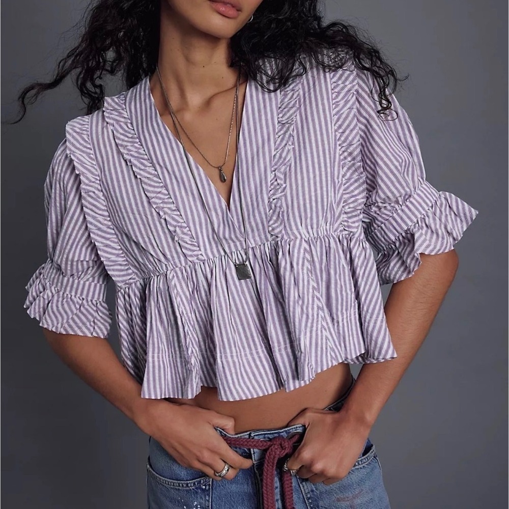 Free People We The Free Miley Top Stripes Ruffle Women Small NWT